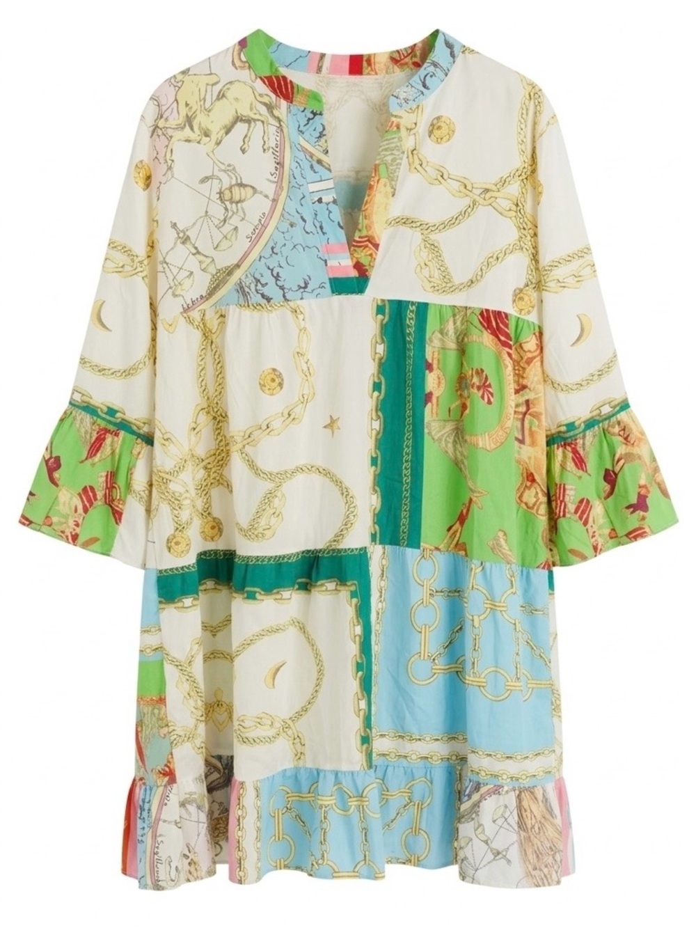 Printed Patchwork Midi Dress in Green & Blue